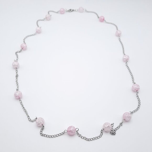 Pink Crackle Glass Long Opera Feminine Statement Chain Necklace Handmade Jewelry - Picture 2 of 7